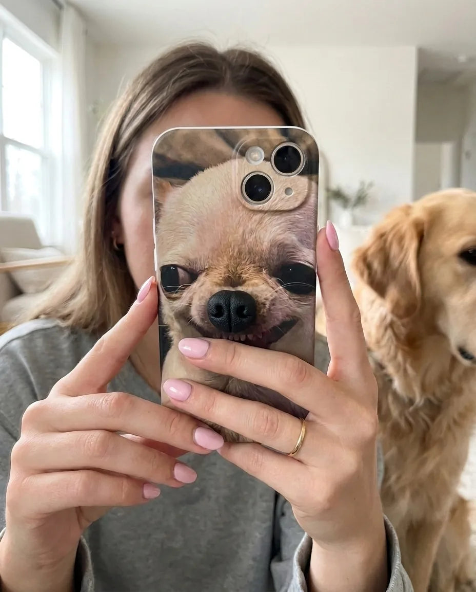 BoopNose Chihuahua iPhone case held up in a selfie