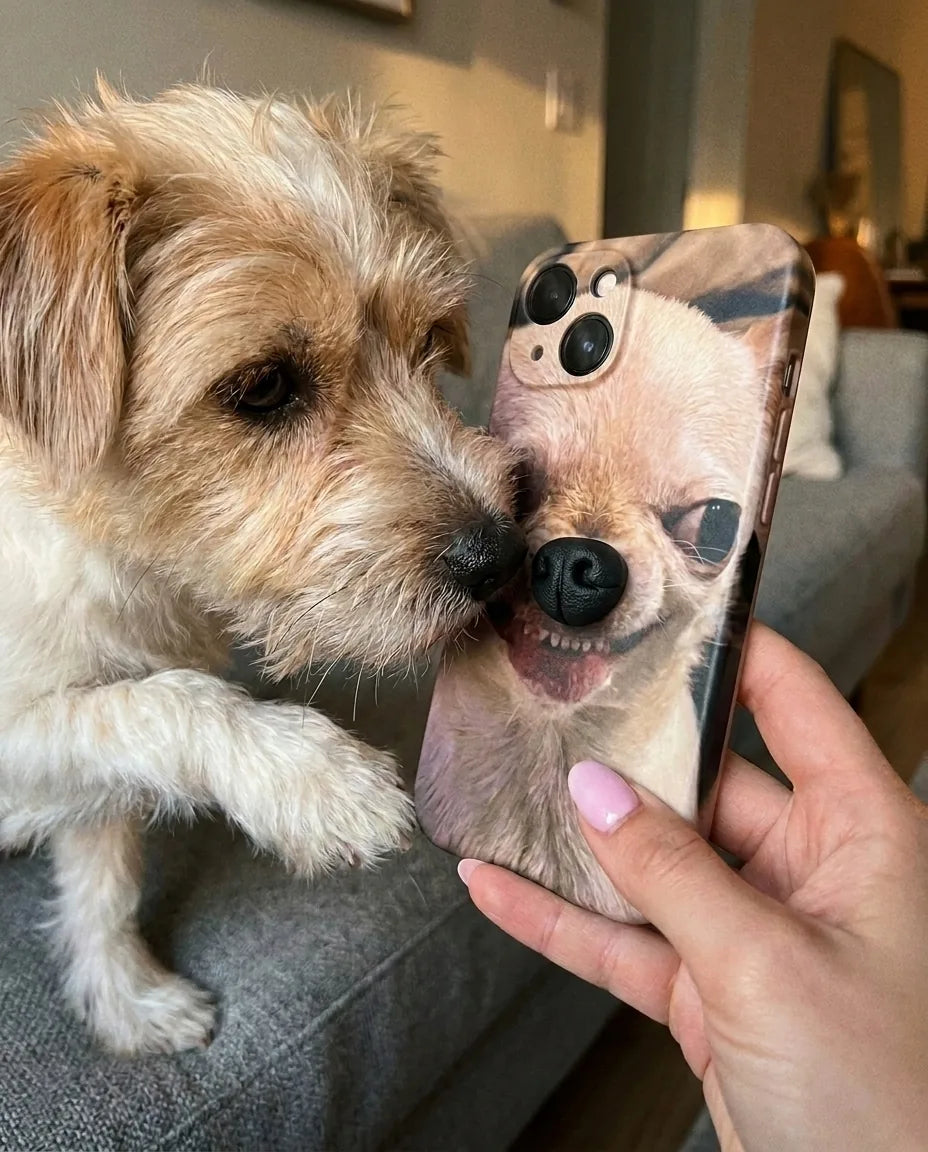 BoopNose Chihuahua iPhone case next to a real dog sniffing the 3D nose