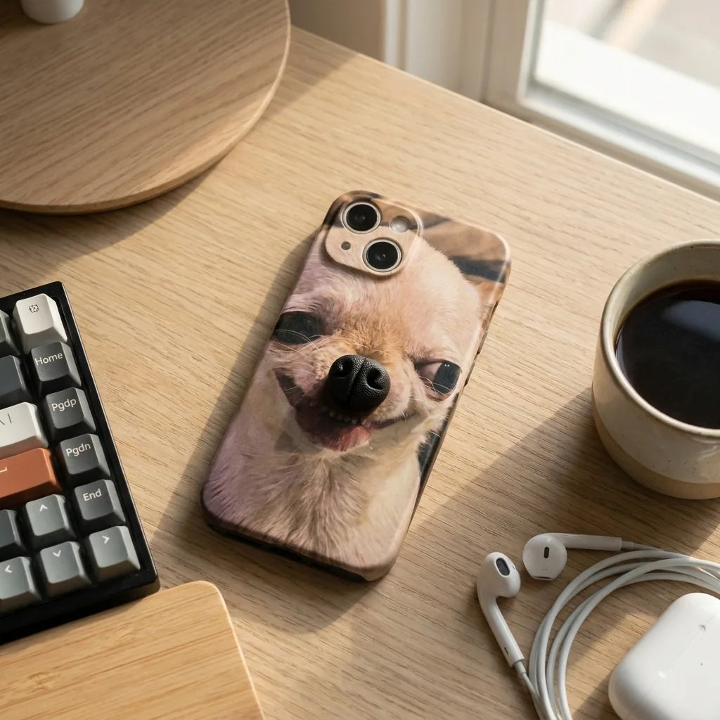 BoopNose Chihuahua iPhone case resting on a desk next to everyday things