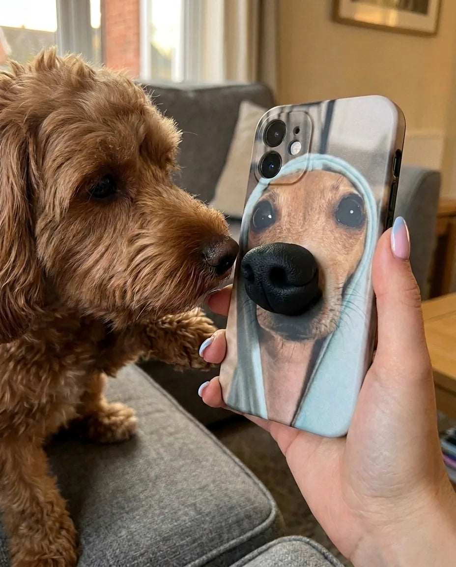 BoopNose Greyhound iPhone case next to a real dog sniffing the 3D nose