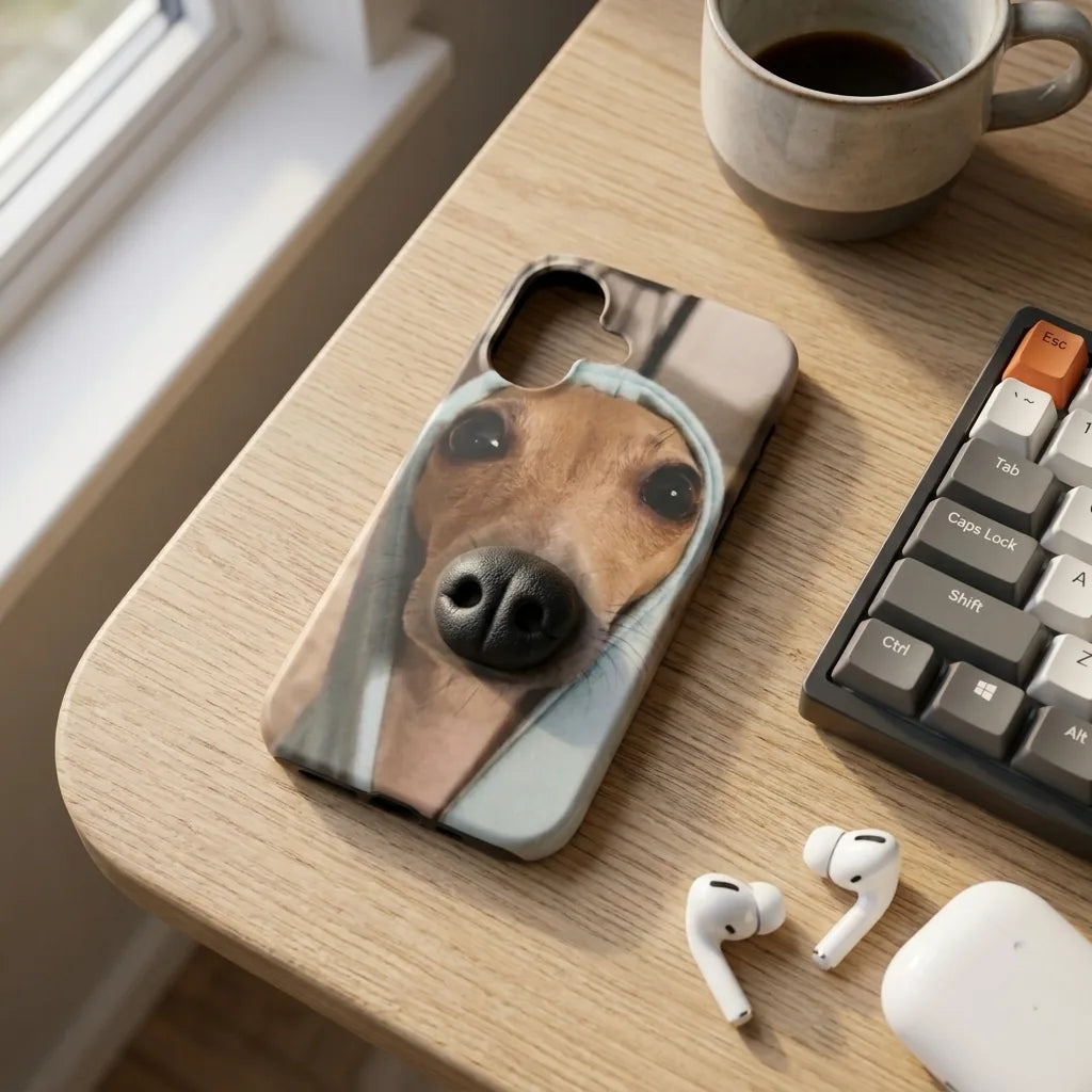 BoopNose Greyhound iPhone case resting on a desk next to everyday things
