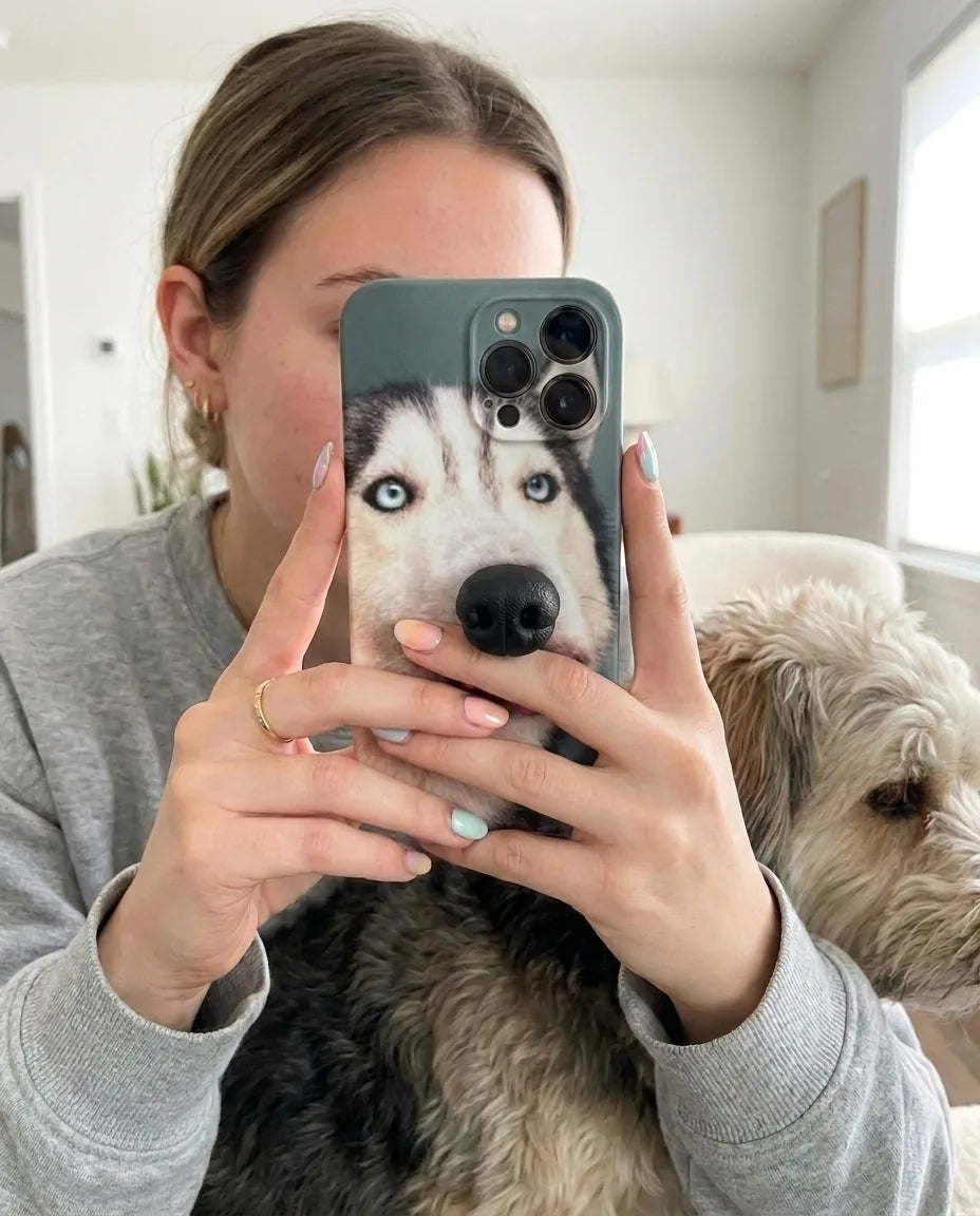 BoopNose Husky iPhone case held up in a selfie