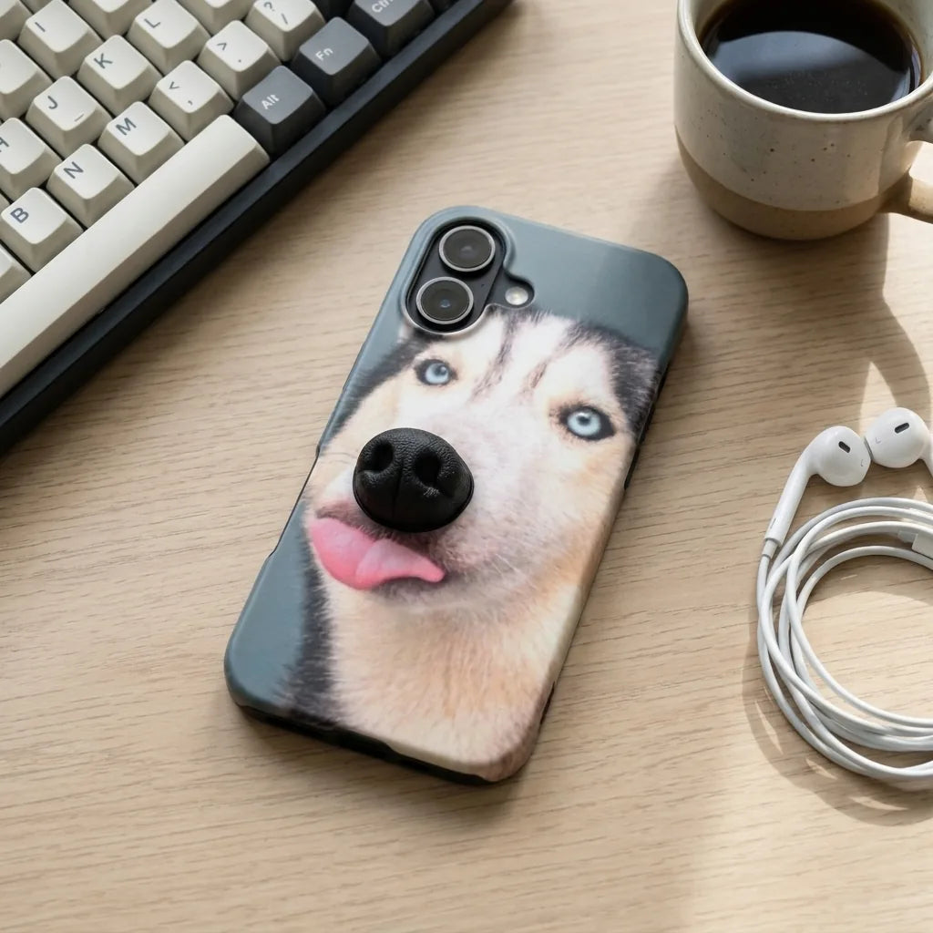 BoopNose Husky iPhone case resting on a desk next to everyday things